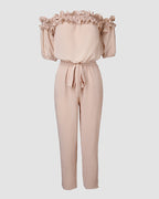 Women's Off-Shoulder Jumpsuit with Frill Trim and Tie Waist - 4