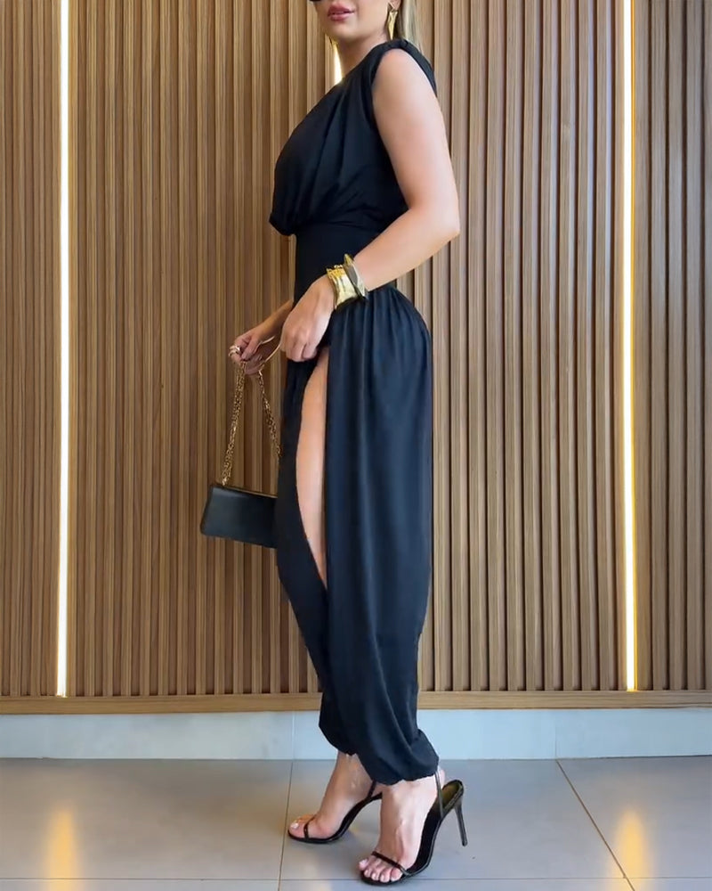Women's Jumpsuit Sleeveless with Padded Shoulders and Cinched Waist - 4