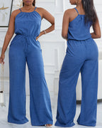 Women's Spaghetti Strap Jumpsuit with Tied Waist and Wide Leg - 4