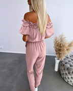 Women's Off-Shoulder Jumpsuit with Frill Trim and Tie Waist - 13