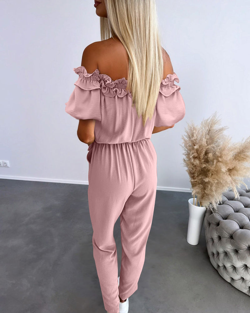 Women's Off-Shoulder Jumpsuit with Frill Trim and Tie Waist - 13