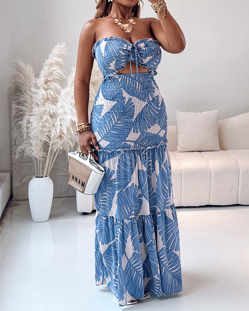 Women's Halter Tropical Print Maxi Dress with Cutout and Tied Waist - 6