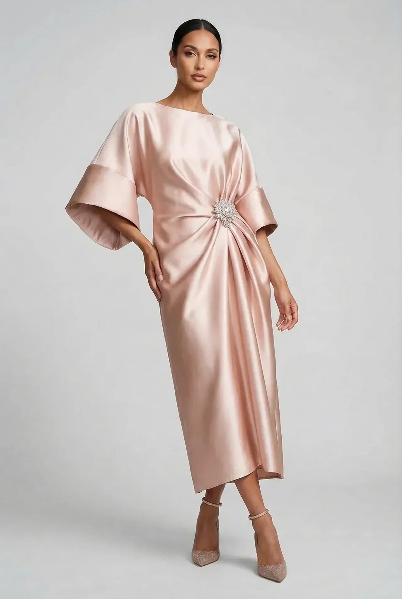 Women's Batwing Midi Dress with Jewel Neckline and Draped Waist - Light Peach