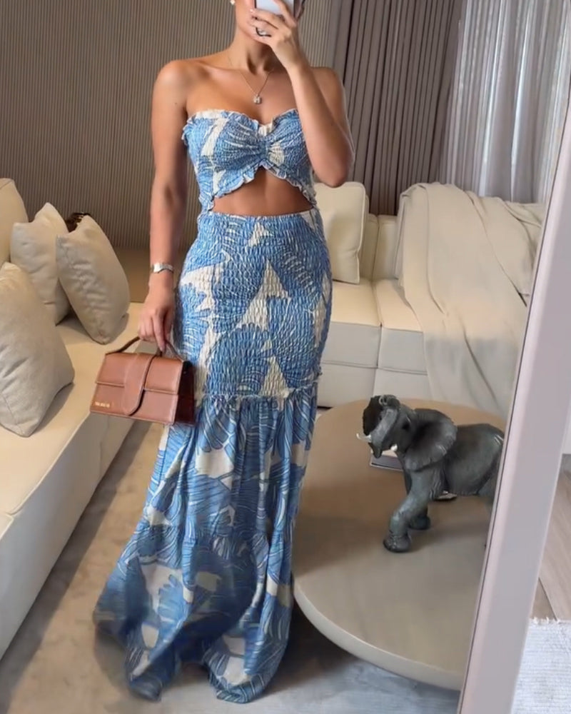 Women's Halter Tropical Print Maxi Dress with Cutout and Tied Waist - 4