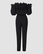 Women's Off-Shoulder Jumpsuit with Frill Trim and Tie Waist - 10