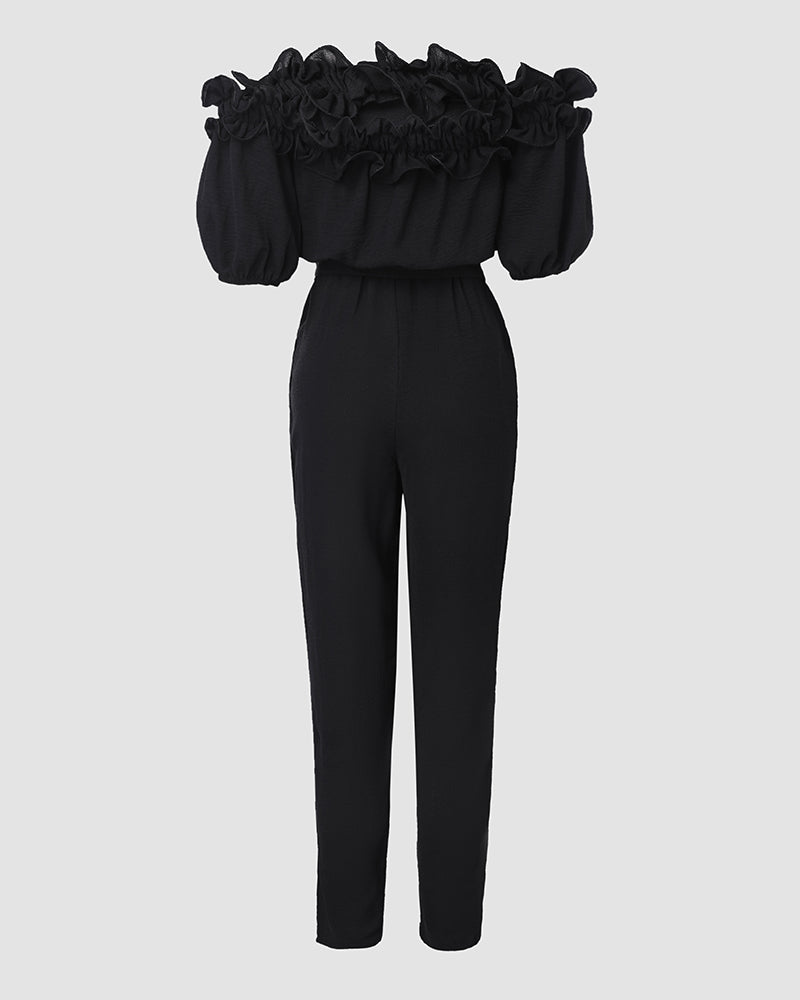 Women's Off-Shoulder Jumpsuit with Frill Trim and Tie Waist - 10