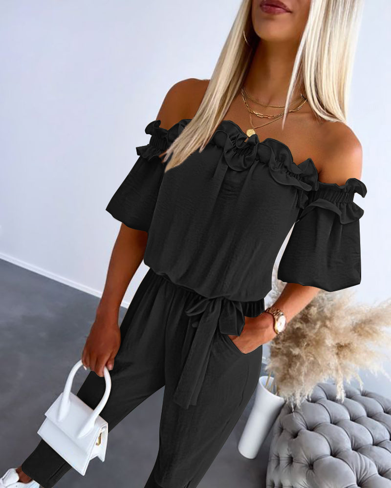 Women's Off-Shoulder Jumpsuit with Frill Trim and Tie Waist - Black