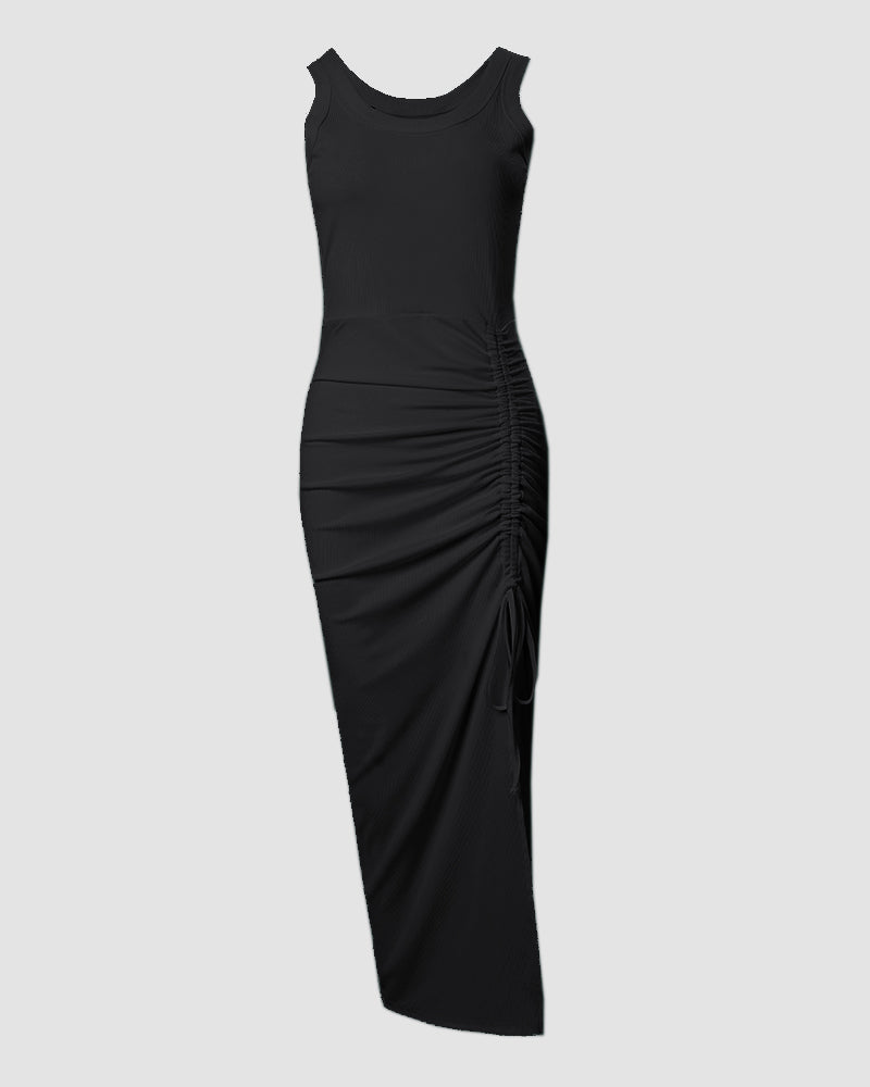 Women's Sleeveless Bodycon Maxi Dress with Ruched Drawstring Side Slit - 14