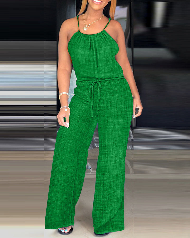 Women's Spaghetti Strap Jumpsuit with Tied Waist and Wide Leg - 15