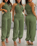 Women's Two-Piece Set Sleeveless High Neck Cargo Top and Cuffed Trousers - Army Green