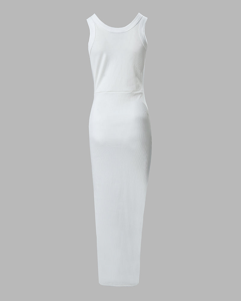 Women's Sleeveless Bodycon Maxi Dress with Ruched Drawstring Side Slit - 8