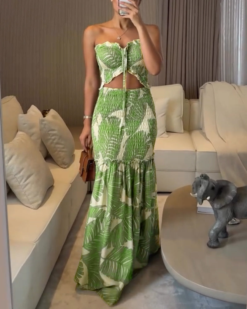 Women's Halter Tropical Print Maxi Dress with Cutout and Tied Waist - 11