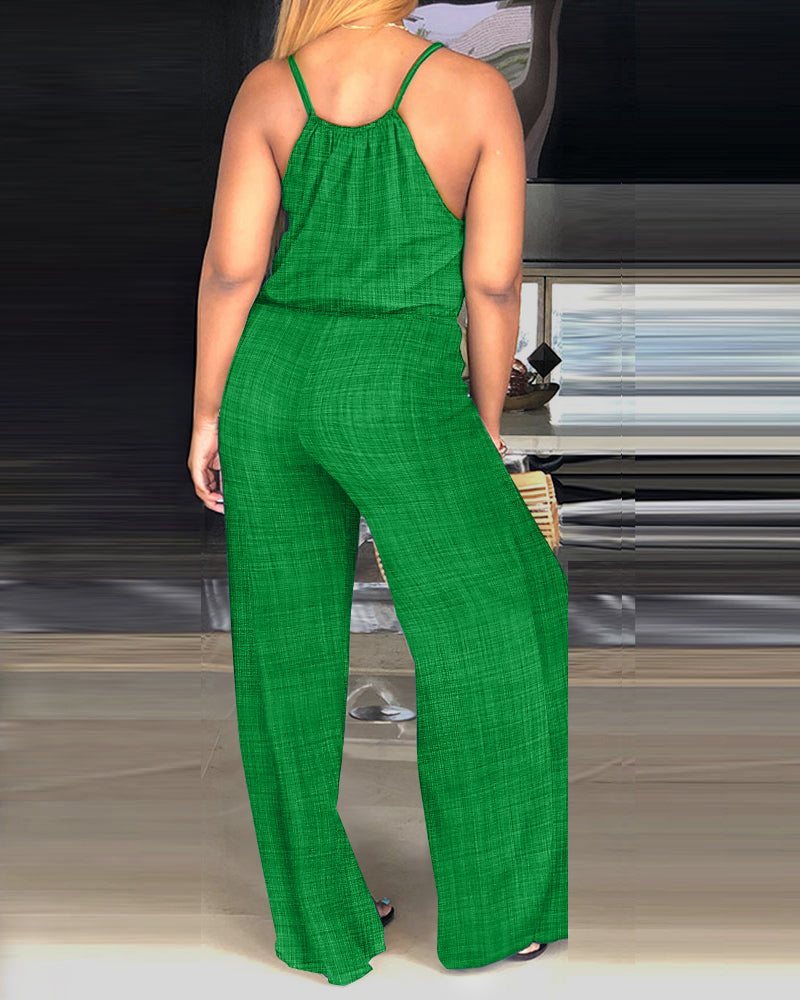 Women's Spaghetti Strap Jumpsuit with Tied Waist and Wide Leg - 16