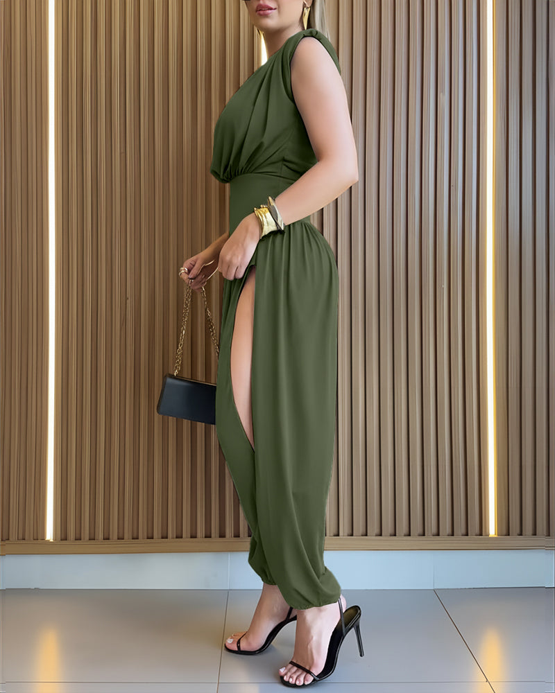 Women's Jumpsuit Sleeveless with Padded Shoulders and Cinched Waist - 8