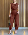 Women's Jumpsuit Sleeveless with Padded Shoulders and Cinched Waist - Brown