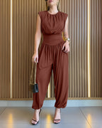 Women's Jumpsuit Sleeveless with Padded Shoulders and Cinched Waist - Brown