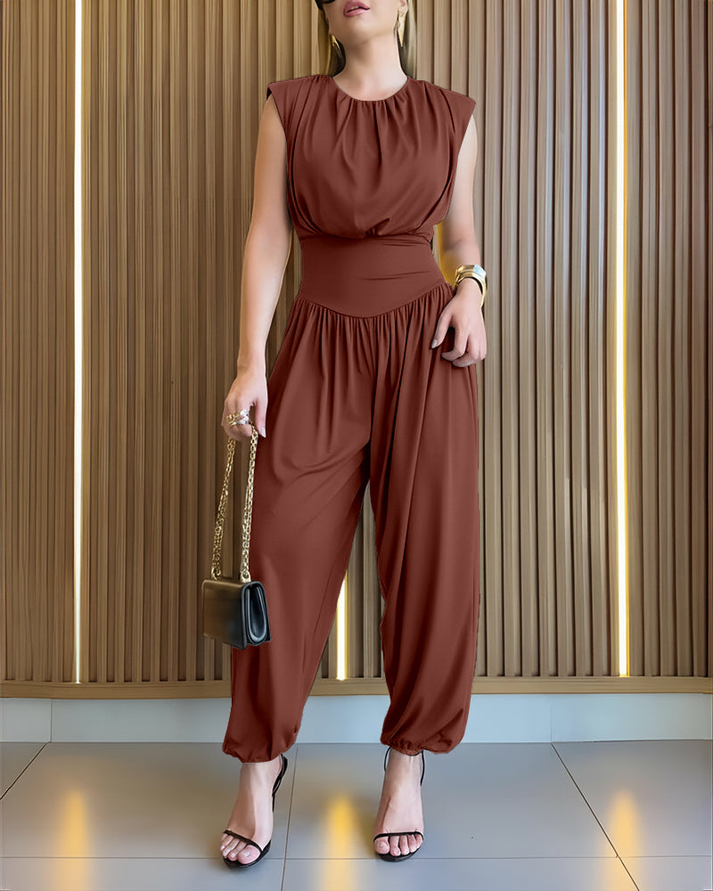 Women's Jumpsuit Sleeveless with Padded Shoulders and Cinched Waist - Brown