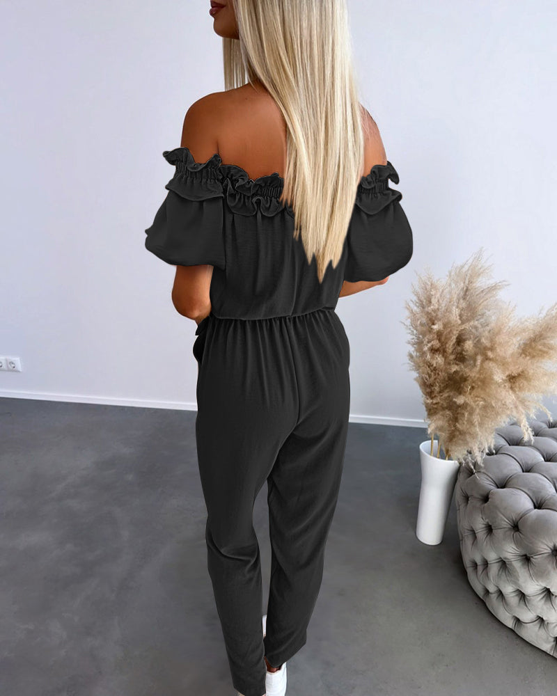 Women's Off-Shoulder Jumpsuit with Frill Trim and Tie Waist - 8