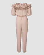 Women's Off-Shoulder Jumpsuit with Frill Trim and Tie Waist - 5