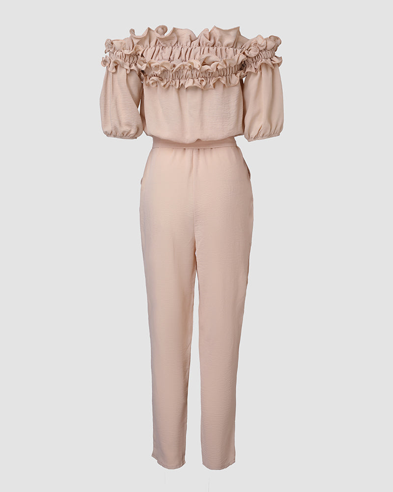 Women's Off-Shoulder Jumpsuit with Frill Trim and Tie Waist - 5