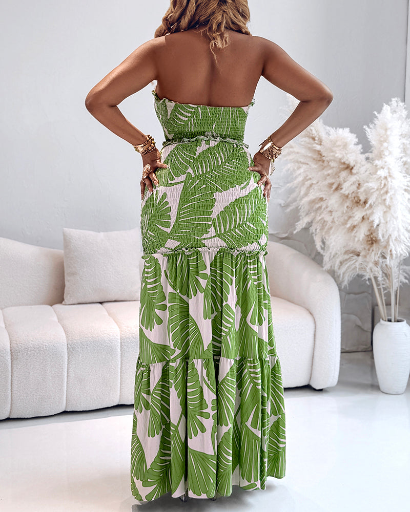 Women's Halter Tropical Print Maxi Dress with Cutout and Tied Waist - 13