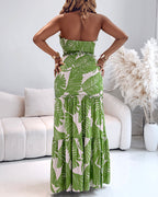 Women's Halter Tropical Print Maxi Dress with Cutout and Tied Waist - 13