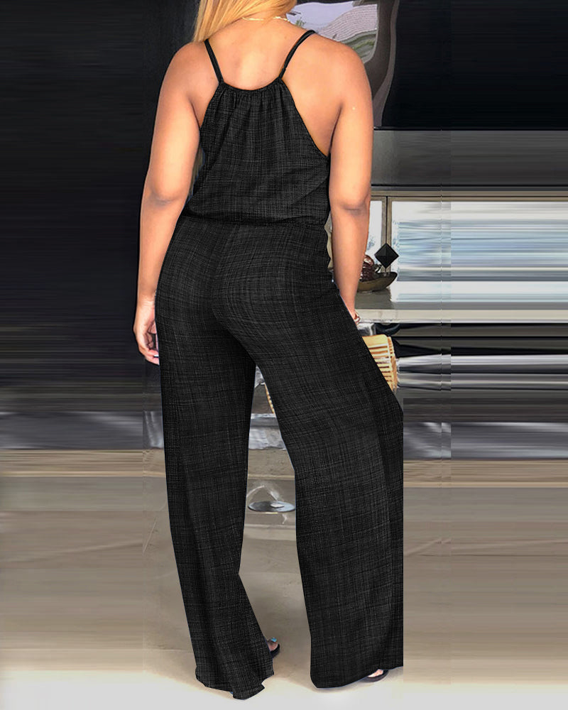 Women's Spaghetti Strap Jumpsuit with Tied Waist and Wide Leg - 10