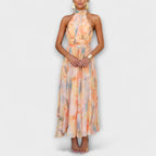 Women's Halter Neck Maxi Dress with Tie Waist and Back Cut-Out - Reddish Orange