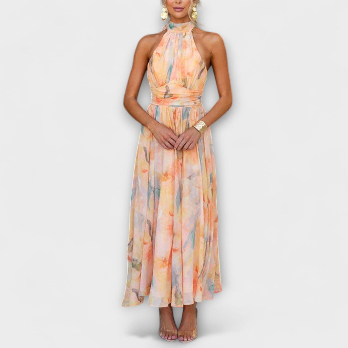 Women's Halter Neck Maxi Dress with Tie Waist and Back Cut-Out - Reddish Orange