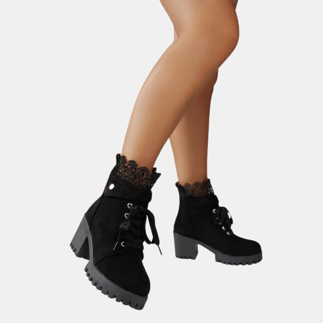 Women's Lace Up Ankle Boots with Decorative Lace Trim and Block Heel - 4