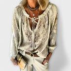 Women's Lace Blouse with Tie-Neck and Long Sleeves - 3
