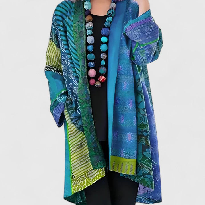 Women's Longline Cardigan Open Front with Draped Collar - Blue
