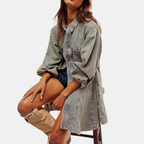 Women's Balloon Sleeve Button Front Denim Mini Dress - 5