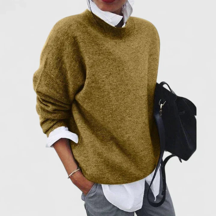 Women's Jumper Long Sleeve with Relaxed Fit and Mock Neck - Khaki