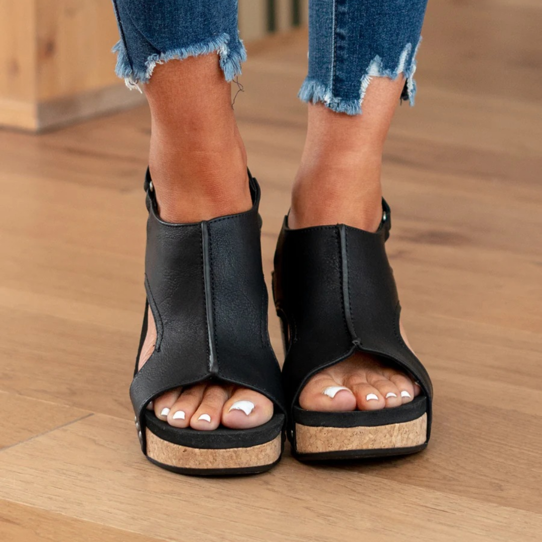 Women's Peep-Toe Wedge Sandals with Ankle Strap - Black