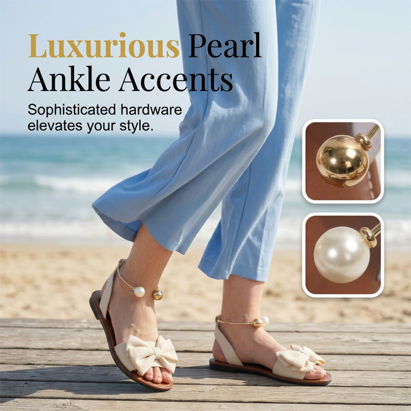 Women's Sandals with Bow Detail and Pearl Ankle Ring - 9
