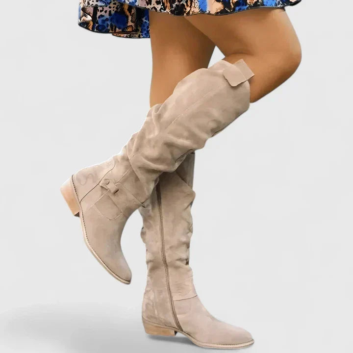 Women's Over-the-Knee Boots with Buckle Detail and Block Heel - Beige