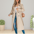 Women's Double-Breasted Trench Coat with Notched Collar - Khaki