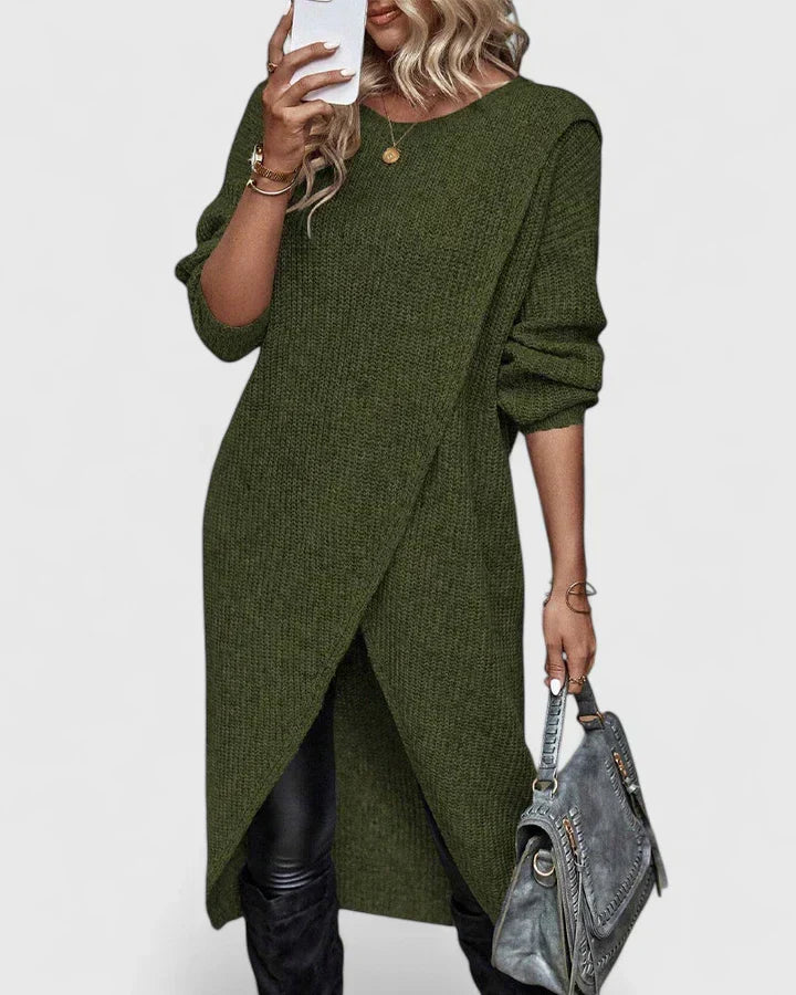 Women's Jumper Dress Long Sleeve with Wrap Front Hem - Green