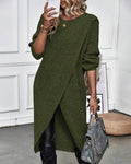 Women's Ribbed Jumper Dress with Side Slit Long Sleeve - Green