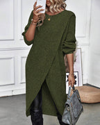 Women's Ribbed Jumper Dress with Side Slit Long Sleeve - Green