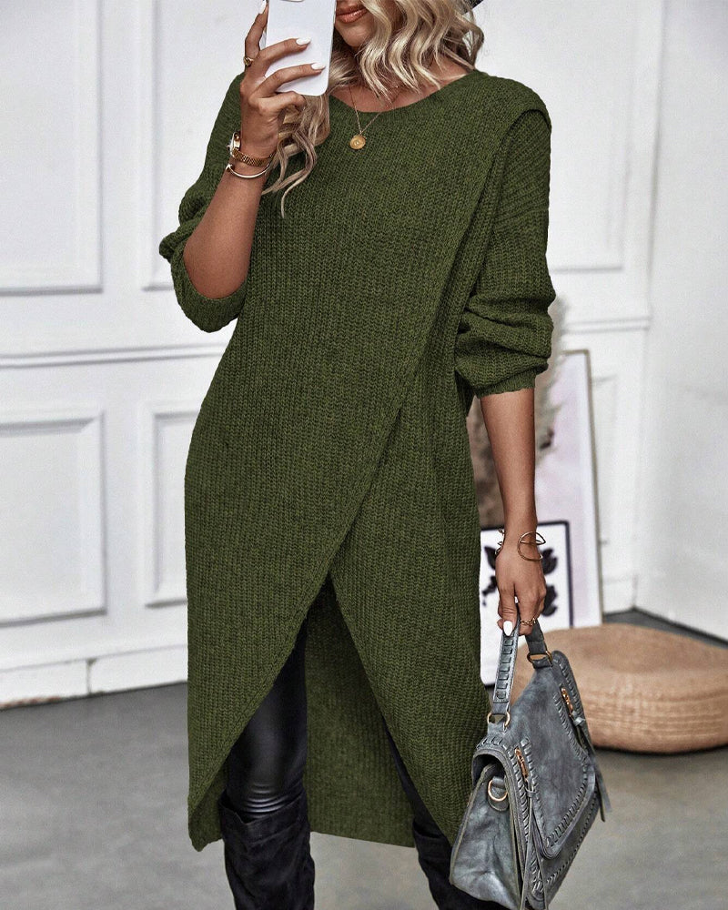 Women's Ribbed Jumper Dress with Side Slit Long Sleeve - Green