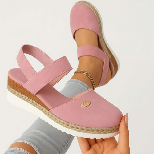 Women's Wedge Sandals with Adjustable Strap and Woven Platform - Pink