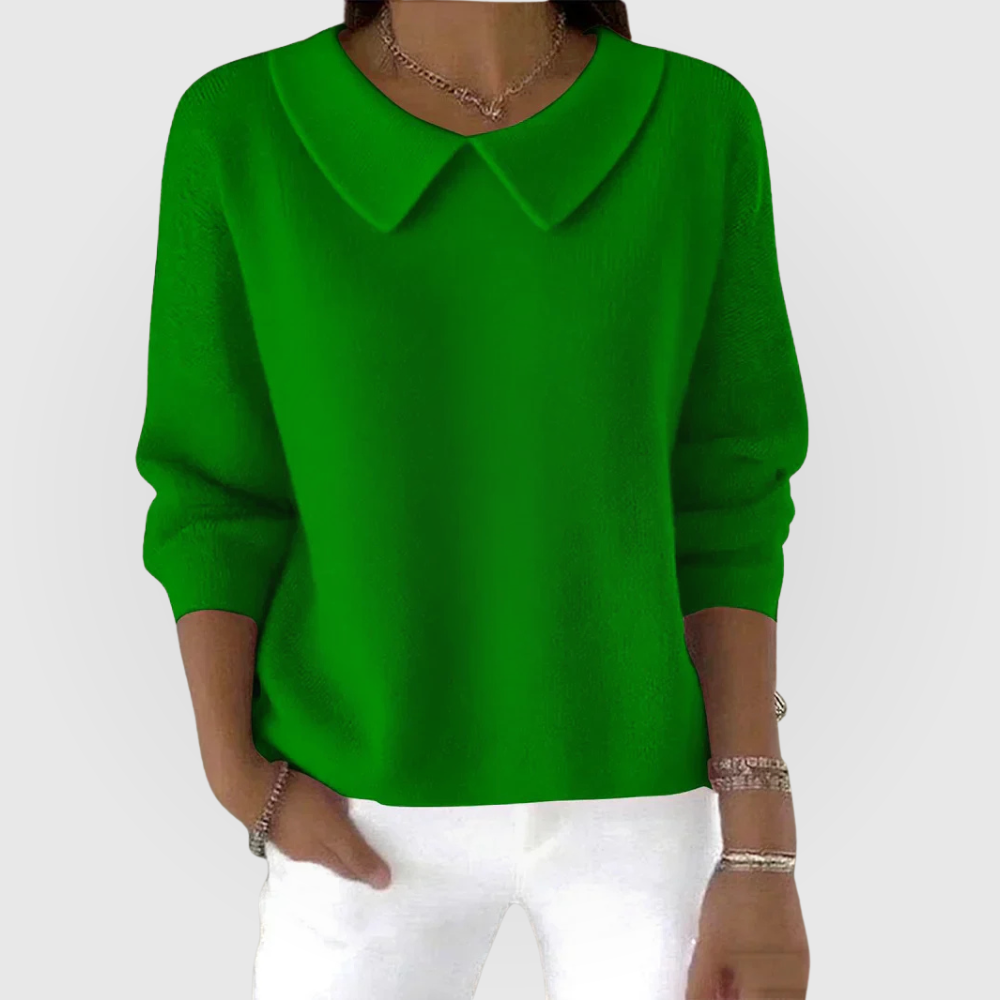 Women's Jumper Long Sleeve with Collar Detail and Relaxed Fit - Green