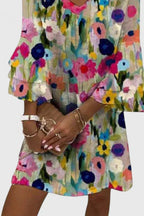 Women's Floral Print Mini Dress with V-Neck and Flounce Sleeves - 2