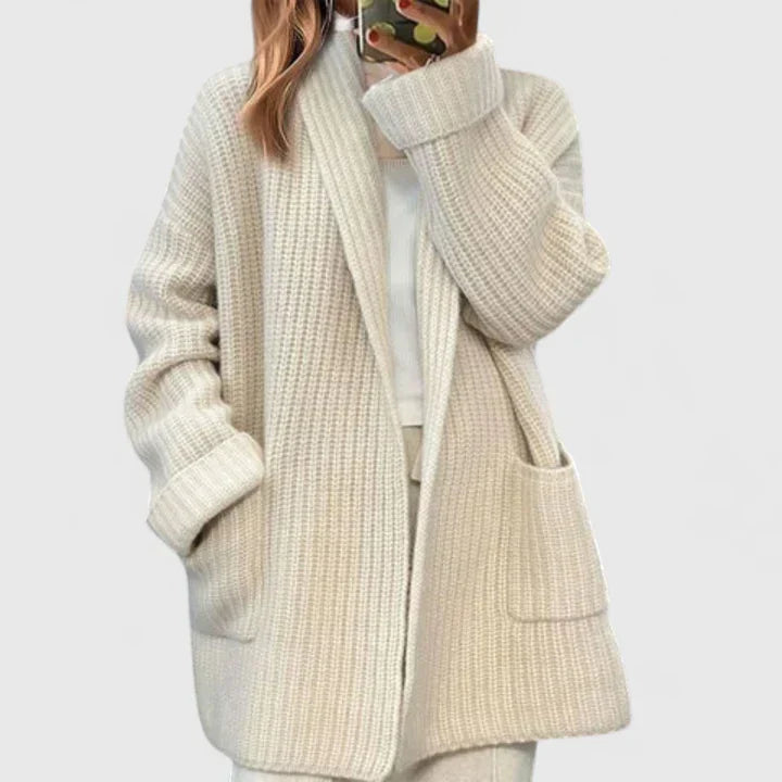 Women's Open-Front Cardigan with Ribbed Knit and Patch Pockets - 4