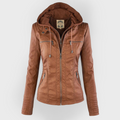 Women's Hooded Zip-Up Jacket with Faux Leather Finish - Khaki