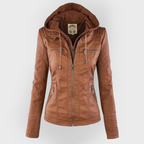 Women's Hooded Zip-Up Jacket with Faux Leather Finish - Khaki