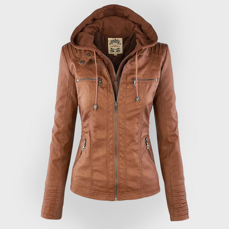 Women's Hooded Zip-Up Jacket with Faux Leather Finish - Khaki