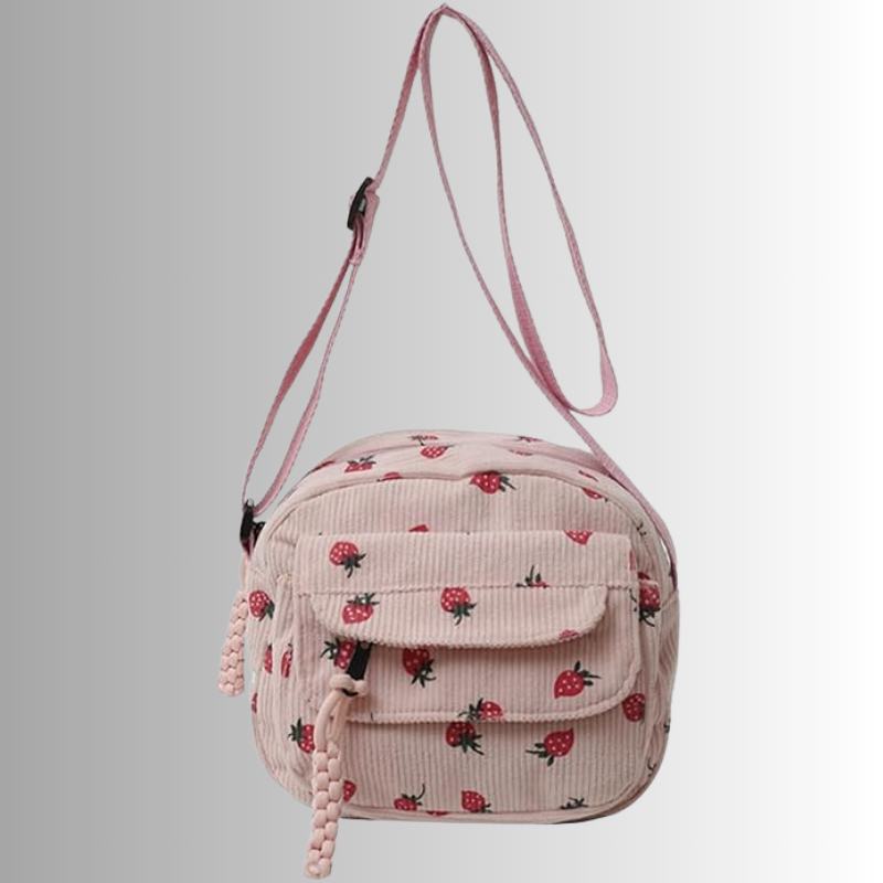 Mini Crossbody Bag with Adjustable Strap and Multiple Pockets - Pink Strawberry